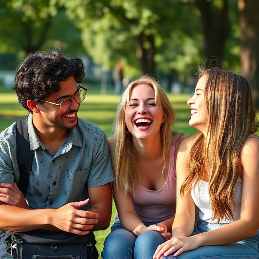 Grupo de jovens amigos rindo e interagindo em um parque, representando uma s&eacute;rie de com&eacute;dia.