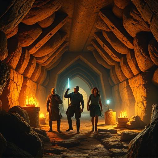Um grupo de aventureiros explorando uma tumba antiga com artefatos brilhantes na miniss&radic;&copy;rie 'O Legado Dourado'